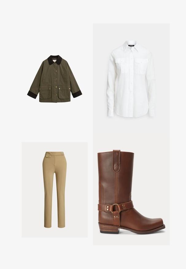 Veste vert olive avec un col en velours côtelé marron, grandes poches avant et boutons-pression dorés. Elle présente une coupe décontractée et de longues manches.; Chemise blanche boutonnée en tissu texturé, avec un col pointu, des manches longues et deux poches poitrine à rabat.; Pantalons slim beige pour femmes avec taille haute, deux boutons sur le côté et une petite poche à rabat boutonnée près de la taille.; Botte mi-mollet en cuir marron avec un petit talon en bois, bout rond et sangle décorative avec des clous métalliques autour de la cheville.