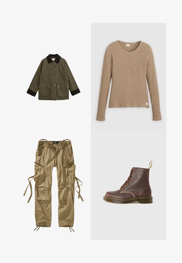 Veste vert olive avec un col en velours côtelé marron, grandes poches avant et boutons-pression dorés. Elle présente une coupe décontractée et de longues manches.; Chemise henley beige à manches longues en maille gaufrée avec encolure ronde et patte de boutonnage à cinq boutons, présentée à plat sur fond blanc.; Pantalons cargo kaki en coton avec plusieurs poches latérales, cordons de serrage aux chevilles et accents en boutons. Lignes épurées et tissu durable.; Bottes en cuir marron à lacets avec des coutures jaunes, bout arrondi et semelle en caoutchouc robuste. Présente une languette au talon pour faciliter l'enfilage.