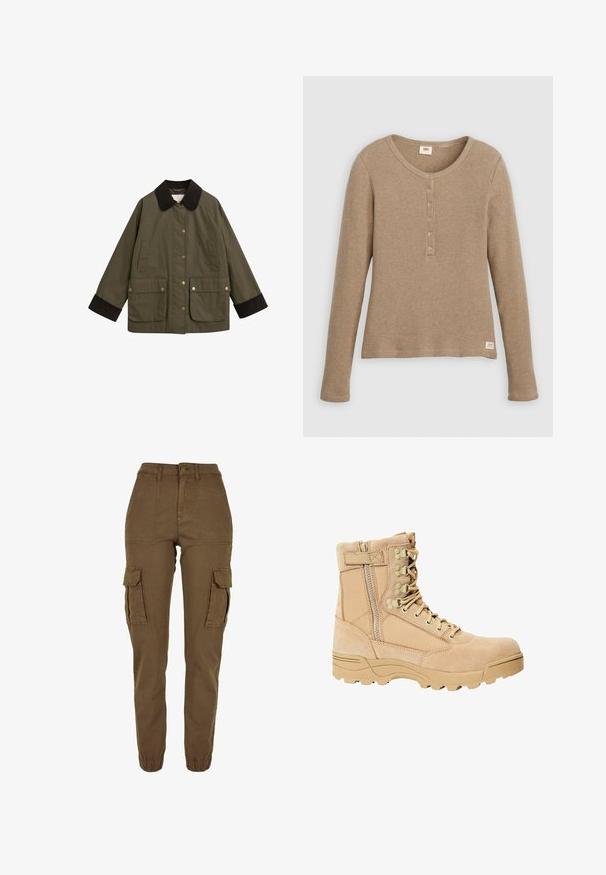 Chaqueta verde oliva con un cuello de pana marrón, grandes bolsillos frontales y botones a presión dorados. Presenta un ajuste holgado y mangas largas.; Camisa henley de punto gofre beige de manga larga con escote redondo y tapeta con cinco botones, presentada plana sobre fondo blanco.; Pantalones cargo marrones de algodón con un ajuste ajustado, que presentan bolsillos laterales, cierre de botón y puños fruncidos para mayor comodidad.; Bota táctica en tono marrón con parte superior de gamuza y tejido, cierre de cordones y cremallera, suela texturizada y puntera reforzada para mayor durabilidad.