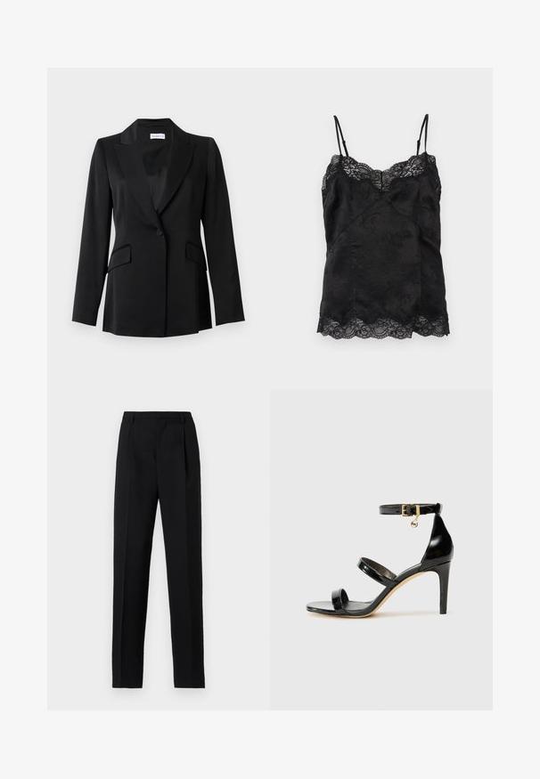 Blazer noir à un bouton avec revers crantés, poches à rabat, manches longues et coupe cintrée.; Camisole noire en satin avec fines bretelles ajustables, motif jacquard floral et bordure en dentelle le long de l'encolure et de l'ourlet.; Pantalon noir sur mesure avec une coupe droite, comprenant des plis à l'avant et une texture de tissu lisse. Taille simple sans ornements.; Sandale en cuir verni noir avec trois brides, boucle de cheville et talon aiguille de 10 cm. Présente un détail en métal doré et un charm logo.