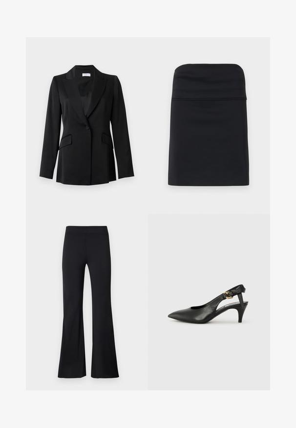 Blazer noir à un bouton avec revers crantés, poches à rabat, manches longues et coupe cintrée.; Jupe noire ajustée avec une texture lisse, présentant un design simple et épuré avec une silhouette droite. Aucun matériel ou motif visible.; Pantalon noir évasé en tissu lisse et extensible avec une large ceinture élastique et une silhouette longue. Aucun motif ni élément visible.; Chaussure à talon slingback en cuir noir avec un bout pointu, un petit talon et un détail de boucle sur la bride de cheville. Texture lisse, design minimaliste.