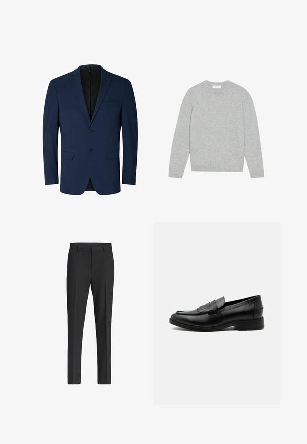 Marineblauer Blazer aus glattem Stoff, mit Reverskragen, zweifacher Knopfleiste und zwei Seitentaschen. Schlichtes, maßgeschneidertes Design.; Hellgrauer Wollpullover mit rundem Ausschnitt, langen Ärmeln und gerippten Bündchen und Saum. Weiche Textur mit einem soliden, minimalistischen Design.; Schwarze, maßgeschneiderte Anzughose mit geradem Bein, Gürtelschlaufen, vorderer Bügelfalte und Seitentaschen, vor weißem Hintergrund präsentiert.; Schwarzer Leder-Herrenloafer mit Quasten-Detail, abgerundeter Spitze, niedrigem Absatz und glatter, polierter Oberfläche, von der Seite auf weißem Hintergrund dargestellt.