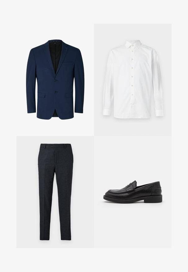 Marineblauer Blazer aus glattem Stoff, mit Reverskragen, zweifacher Knopfleiste und zwei Seitentaschen. Schlichtes, maßgeschneidertes Design.; Weißes langärmeliges Hemd mit Knopfleiste, verbreitetem Kragen und geknöpften Manschetten, auf weißem Hintergrund dargestellt.; Dunkelgraue maßgeschneiderte Hose aus strukturiertem Stoff. Mit einem einzelnen Knopfverschluss und geradem Bein-Design sowie seitlichen Taschen.; Schwarze Lederloafer mit abgerundetem Zeh, farblich abgestimmtem Nähen und einem Riemendetail an der Vorderseite. Gummi-Sohle mit niedrigem Absatz.
