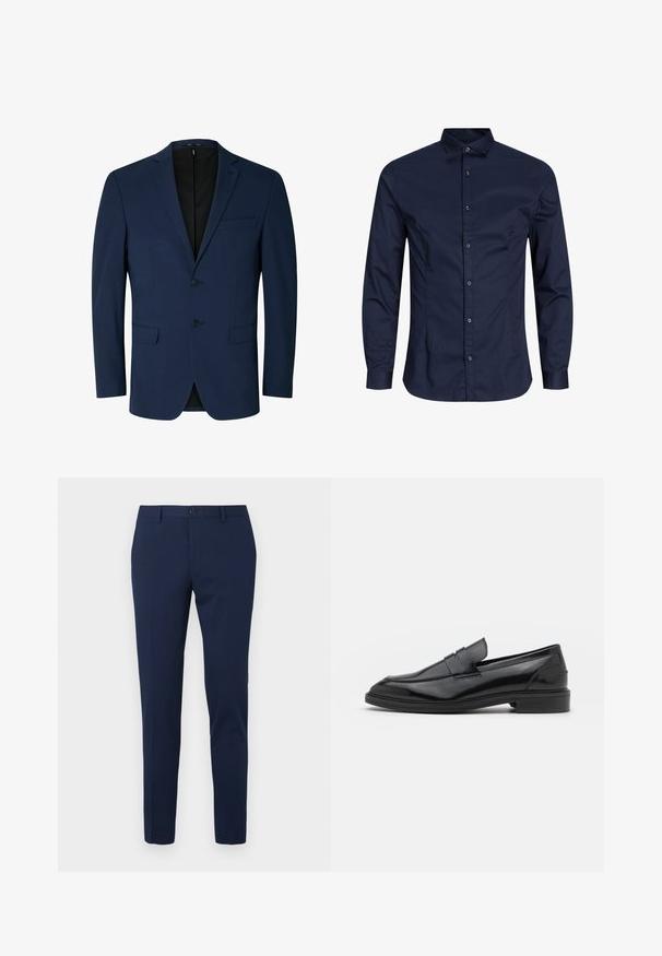 Marineblauer Blazer aus glattem Stoff, mit Reverskragen, zweifacher Knopfleiste und zwei Seitentaschen. Schlichtes, maßgeschneidertes Design.; Dunkelblaue Langarmhemd, Knopfverschluss, aus Baumwollstoff, mit Kragen, frontaler Knopfverschluss, glatte Textur, ohne auffällige Muster oder Akzente.; Marineblaue Anzughose mit geradem Bein, gefertigt aus einem glatten Stoff. Verfügt über einen vorderen Knopfverschluss und zwei Seitentaschen.; Schwarze Lederloafers mit glatter Oberfläche, runder Spitze und schmalem Riemen über dem Obermaterial. Niedriger, gestapelter Absatz.