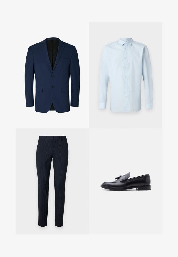Marineblauer Blazer aus glattem Stoff, mit Reverskragen, zweifacher Knopfleiste und zwei Seitentaschen. Schlichtes, maßgeschneidertes Design.; Helles blaues Langarmhemd aus glattem Stoff, mit durchgehender Knopfleiste, klassischem Kragen und geknöpften Manschetten.; Marineblaue Hose mit feinen vertikalen Streifen, aus einem glatten Stoff gefertigt. Verfügt über einen Knopfverschluss und eine taillierte Passform mit geraden Beinen.; Schwarzer Leder-Slipper mit strukturiertem grauem Stoffeinsatz und Quastendetail, niedriger Absatz und abgerundete Spitze, seitliche Ansicht auf weißem Hintergrund.