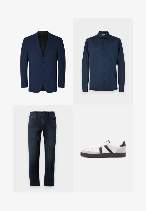 Marineblauer Blazer aus glattem Stoff, mit Reverskragen, zweifacher Knopfleiste und zwei Seitentaschen. Schlichtes, maßgeschneidertes Design.; Dunkelblaues Langarmhemd aus glattem Stoff, mit klassischem Kragen, durchgehender Knopfleiste und geknöpften Manschetten.; Dunkelblaue Jeans aus Denimstoff, mit geradem Bein, einem frontalen Knopf- und Reißverschluss sowie fünf Taschen.; Weiße Sneaker mit schwarz- und grau-aczenten, ausgestattet mit einer strukturierten grauen Zehenkappe, schwarzer Gummi-Sohle und flachen weißen Schnürsenkeln. Sauberes Design, minimalistische Stil.