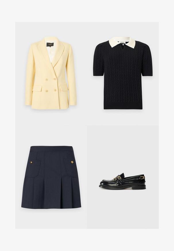 Blazer croisé couleur crème avec revers à encoche, manches longues, deux poches à rabat sur le devant et quatre boutons, présenté sur un fond uni.; Haut noir en maille à manches courtes avec motif torsadé, doté d'un col pointu blanc orné de perles et d'une petite ouverture frontale avec bouton.; Jupe à rayures bleu marine foncé avec des plis à l'avant et deux poches à rabat ornées de boutons dorés de chaque côté.; Mocassins en cuir noir avec une finition brillante, dotés de deux boucles dorées et d'un talon bas. Texture lisse avec un design à bout arrondi.