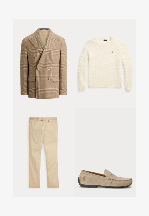 Μπεζ και καφέ σακάκι διπλής ραφής με σχέδιο houndstooth, φαρδιές πέτες, έξι κουμπιά και μπροστινές τσέπες με καπάκι.; Πουλόβερ σε κρεμ απόχρωση με πλέξη κοτσίδας, μακρυά μανίκια και κεντημένο λογότυπο Polo Ralph Lauren στο αριστερό στήθος.; Μπεζ παντελόνι με ίσια γραμμή, θηλιές για ζώνη και φερμουάρ μπροστά, τοποθετημένο επίπεδα σε λευκό φόντο.; Μπεζ σουέτ μοκασίνια με ραμμένο σχέδιο, επίπεδη καουτσούκ σόλα και μικρό λογότυπο στο πλάι. Κλασικός σχεδιασμός που φοριέται εύκολα, μαλακή υφή.