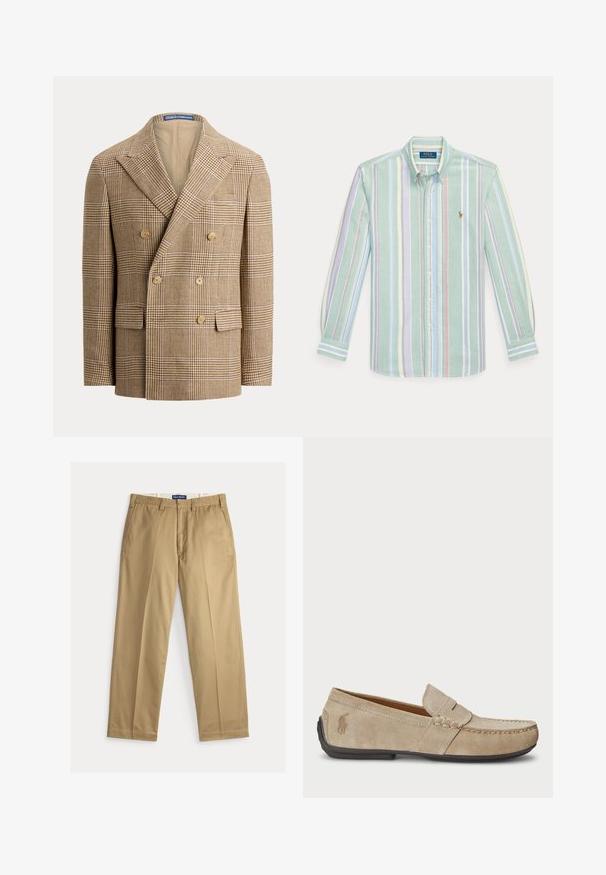 Μπεζ και καφέ σακάκι διπλής ραφής με σχέδιο houndstooth, φαρδιές πέτες, έξι κουμπιά και μπροστινές τσέπες με καπάκι.; Πουκάμισο με μακριά μανίκια και κουμπιά, με κάθετες παστέλ ρίγες σε πράσινο, μπλε, ροζ και κίτρινο, με γιακά και λογότυπο Polo Ralph Lauren στο στήθος.; Μπεζ chinos κατασκευασμένα από βαμβακερό ύφασμα. Σχεδιασμός με ίσιο παντελόνι, επίπεδη πρόσοψη, δύο πλαϊνές τσέπες και ζώνη με κούμπωμα κουμπιού.; Μπεζ σουέτ μοκασίνια με ραμμένο σχέδιο, επίπεδη καουτσούκ σόλα και μικρό λογότυπο στο πλάι. Κλασικός σχεδιασμός που φοριέται εύκολα, μαλακή υφή.