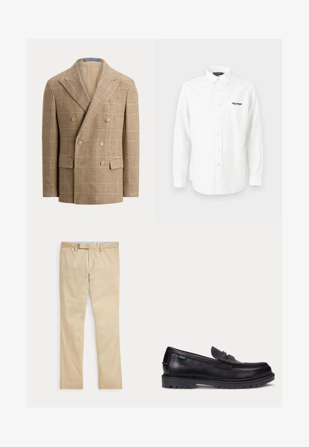 Μπεζ και καφέ σακάκι διπλής ραφής με σχέδιο houndstooth, φαρδιές πέτες, έξι κουμπιά και μπροστινές τσέπες με καπάκι.; Λευκό μακρυμάνικο πουκάμισο με κουμπιά, γιακά, τσέπη στην αριστερή πλευρά του στήθους και κεντημένο λογότυπο "Polo Sport Ralph Lauren" πάνω από την τσέπη.; Μπεζ παντελόνι με ίσια γραμμή, θηλιές για ζώνη και φερμουάρ μπροστά, τοποθετημένο επίπεδα σε λευκό φόντο.; Μαύρο δερμάτινο μοκασίνι με παχύ, τραχωτό πέλμα και μικρό πράσινο ετικέτα "Polo" στο εξωτερικό μέρος κοντά στη φτέρνα.