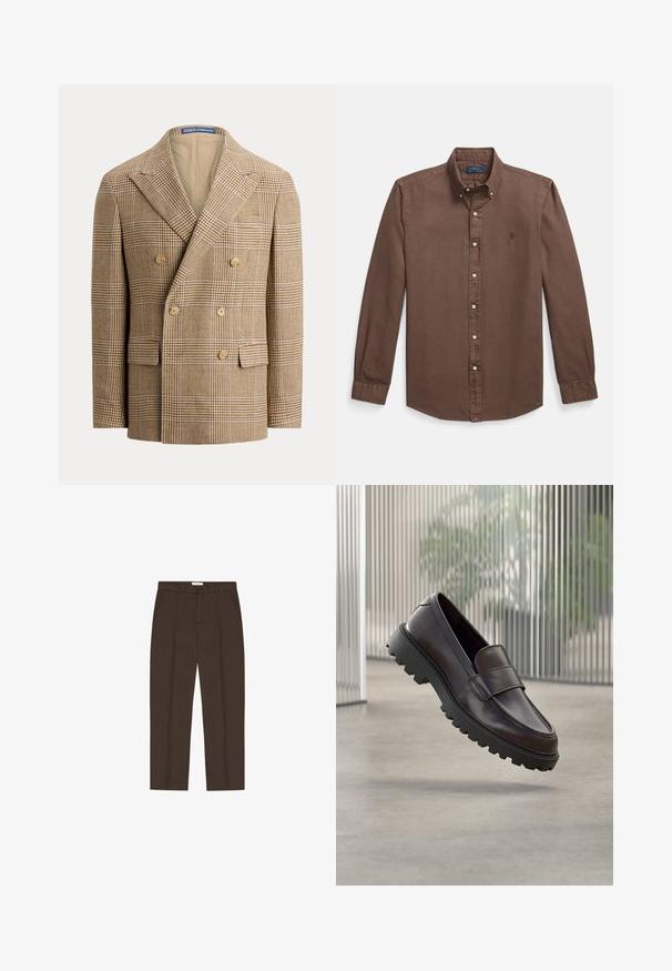 Μπεζ και καφέ σακάκι διπλής ραφής με σχέδιο houndstooth, φαρδιές πέτες, έξι κουμπιά και μπροστινές τσέπες με καπάκι.; Καφέ πουκάμισο με κουμπιά, με μυτερό γιακά, μακριά μανίκια, λευκά κουμπιά και μικρό κεντημένο λογότυπο στο στήθος. Ομαλό βαμβακερό ύφασμα.; Καφέ παντελόνι ραμμένο κατόπιν παραγγελίας με ίσια γραμμή, θηλιές για ζώνη, μπροστινές τσέπες, κουμπί και φερμουάρ στο μπροστινό μέρος.; Καφέ δερμάτινο παπούτσι slip-on με στρογγυλεμένη μύτη και ανθεκτική μαύρη λαστιχένια σόλα. Διαθέτει διακοσμητικό λουράκι πάνω από το πέλμα.