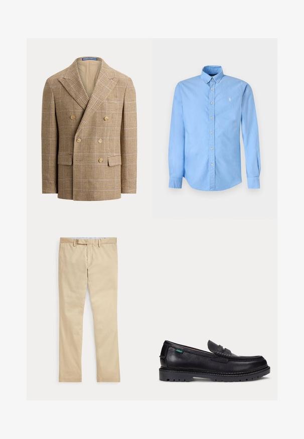 Beige en bruine houndstooth double-breasted blazer met brede revers, zes knopen en klepzakken aan de voorkant.; Lichtblauw overhemd met lange mouwen en knopen, met een knoopkraag en een klein wit geborduurd paardenlogo op de linkerborst.; Beige broek met rechte pijpen, ceintuurlussen en een voorrits, plat gelegd tegen een witte achtergrond.; Zwarte leren loafer met dikke geprofileerde zool en klein groen "Polo" label aan de buitenkant bij de hiel.