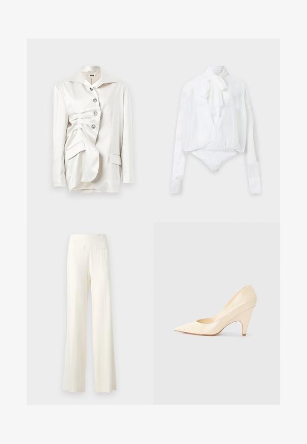 Blazer en satin blanc au design structuré, avec une fermeture à boutons, un col surdimensionné et un détail de tissu drapé sur un côté.; Body blanc à manches longues avec nœud au col, devant croisé et poignets ajustés, présenté sur un fond uni et clair.; Pantalons larges en ivoire avec un tissu texturé, présentant de subtils rayures verticales et deux poches arrière.; Escarpin en cuir verni beige à talon aiguille, avec un bout pointu et un talon effilé, affichant une finition lisse et brillante ainsi qu'une silhouette épurée.