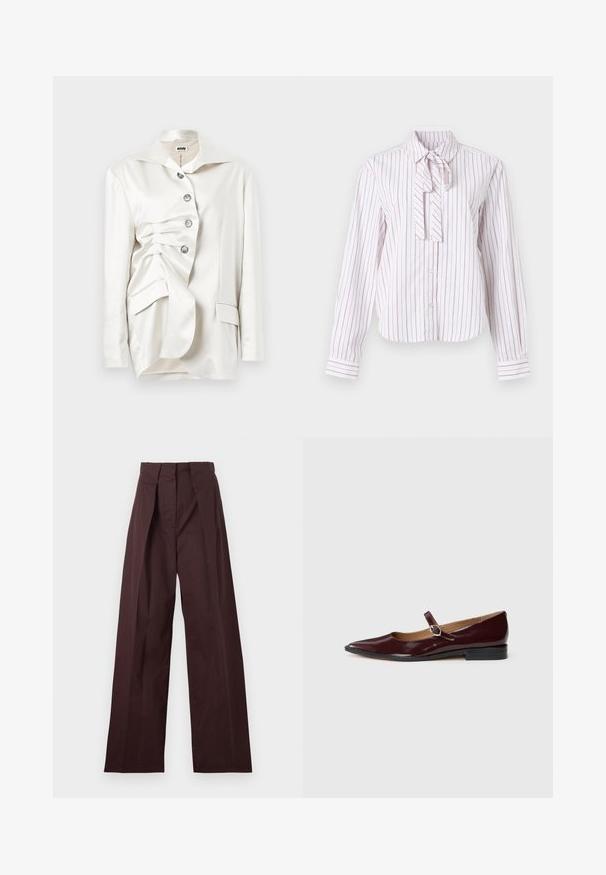 Blazer en satin blanc au design structuré, avec une fermeture à boutons, un col surdimensionné et un détail de tissu drapé sur un côté.; Chemise à manches longues blanche avec des rayures verticales roses, dotée d'un col cravaté, d'une fermeture à boutons et d'une coupe structurée.; Pantalon taille haute marron foncé ajusté avec jambes larges et plis avant, présenté à plat sur un fond clair.; Ballerines en cuir verni bordeaux de type Mary Jane avec un bout pointu, un talon plat et une sangle décorative avec une boucle circulaire.