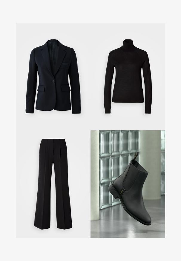 Blazer negro con cierre de un solo botón, dos bolsillos frontales, solapas con muesca y detalle sutil del logo en el bolsillo del pecho. Tejido suave, diseño estructurado.; Suéter negro de cuello alto hecho de un tejido de punto ligero. Presenta mangas largas y una silueta ajustada con costuras raglán.; Pantalones negros de tejido suave, con cintura alta, silueta de pierna ancha y dos pliegues frontales para añadir detalle de diseño.; Bota negra de cuero hasta el tobillo con paneles laterales elásticos y lengüeta para tirar, posicionada en el aire frente a una pared de bloques de vidrio y un suelo liso.