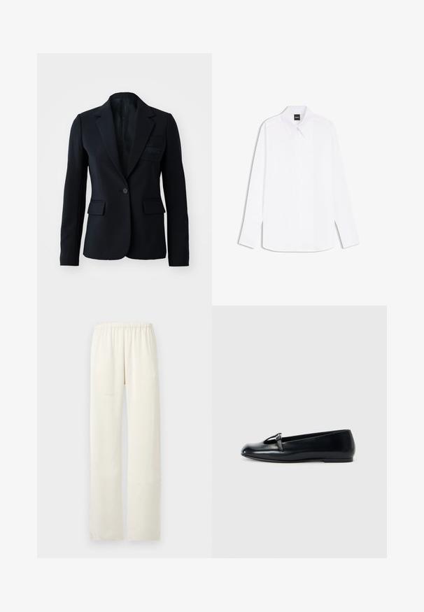 Blazer negro con cierre de un solo botón, dos bolsillos frontales, solapas con muesca y detalle sutil del logo en el bolsillo del pecho. Tejido suave, diseño estructurado.; Camisa blanca de vestir de manga larga con cuello puntiagudo y tapeta de botones oculta, etiquetada "BOSS" en el cuello.; Pantalones rectos color crema con una cintura elástica y sin bolsillos ni adornos visibles.; Bailarinas de cuero negro con punta redonda, que presentan un diseño recortado y un pequeño detalle de hebilla plateada. Suela plana para mayor comodidad.