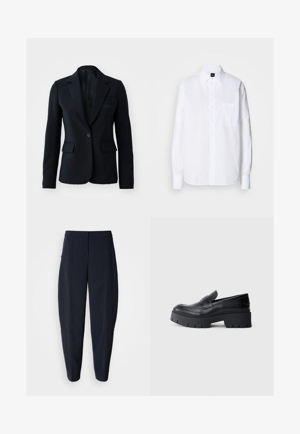 Blazer negro con cierre de un solo botón, dos bolsillos frontales, solapas con muesca y detalle sutil del logo en el bolsillo del pecho. Tejido suave, diseño estructurado.; Camisa blanca de botón hecha de algodón, con cuello clásico, mangas largas, un bolsillo en el pecho y una textura suave y crujiente.; Pantalones azul marino entallados con cintura de talle medio y bolsillos laterales, con detalles sutiles de costuras a lo largo de las piernas.; Mocasín negro con plataforma gruesa, parte superior de cuero suave, tira decorativa y suela gruesa texturizada sobre fondo blanco.