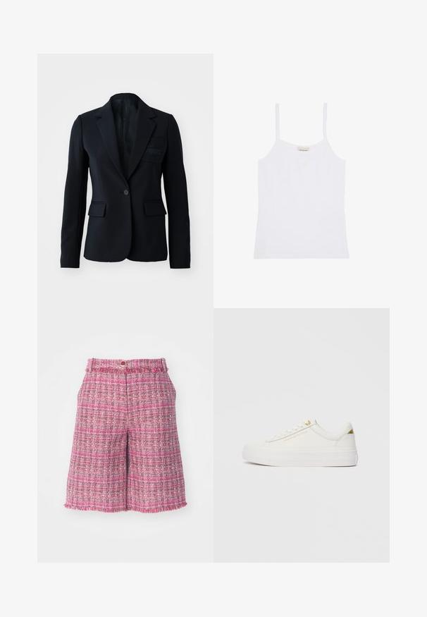 Musta bleiseri, jossa on yksittäinen nappisuljenta, kaksi etutaskua, notched-lapels ja hillitty logotieto rintataskussa. Pehmeä kangas, jämäkkä malli.; Valkoinen Calvin Klein naisten toppi, jossa ohuet olkaimet ja yksinkertainen, istuva malli.; Vaaleanpunaiset tweed-shortsit, joissa on teksturoitu kuvio ja risat reunat. Sisältää vyötärönauhan, jossa on nappikiinnitys. Kevyt kangas, keskimmäiseen reiteen asti ulottuva pituus.; Matala valkoinen tennari, jossa on kultaiset yksityiskohdat, teksturoitu päällinen, valkoiset nauhat ja "Tommy Hilfiger" -brändäys sivussa.