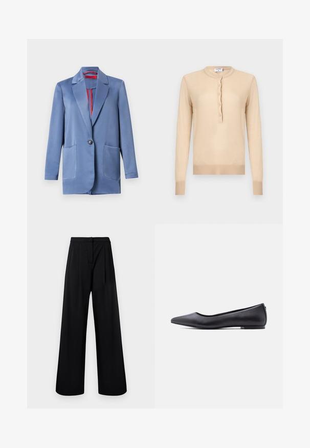 Blå satin blazer med to-knaps lukning, klapper og to forlommer. Indersiden har en kontrastfarvet rød foer.; Beige langærmet sweater med ribstrikkede manchetter og kant, der har rund halsudskæring og en fem-knaps lukning ned foran i midten.; Sorte vide benbukser lavet af glat stof, med høj talje og plisserede detaljer. Ingen synlige dekorationer eller mønstre.; Sort flad lædersko med spidst tåparti og lav hæl, vist i sideprofil mod en hvid baggrund.