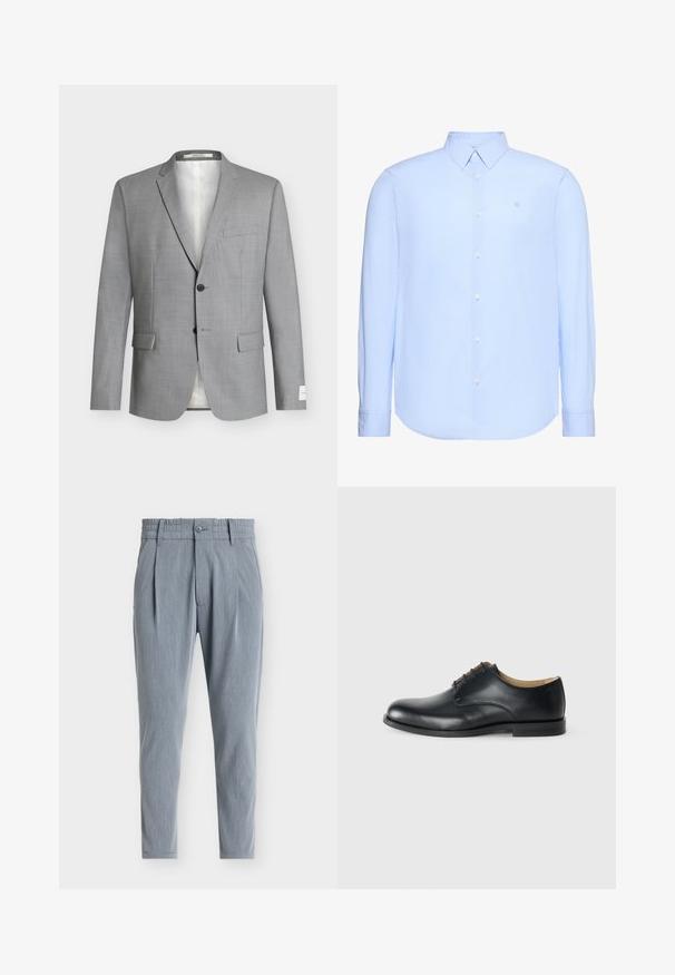 Veste de costume homme gris clair à revers crantés, deux boutons devant, trois poches à rabat et une poche poitrine passepoilée, présentée sur fond blanc.; Chemise habillée pour homme à manches longues de couleur bleu clair avec des rayures verticales subtiles, col standard, boutonnage sur le devant et petit logo brodé sur la poitrine.; Pantalon bleu clair fuselé avec une ceinture élastique, des passants pour ceinture, un bouton à l'avant et des plis de chaque côté.; Calvin Klein ESS DERBY - Derbies - triple black