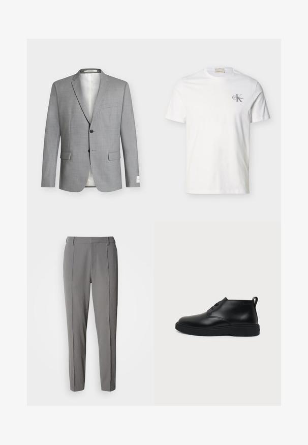 Veste de costume homme gris clair à revers crantés, deux boutons devant, trois poches à rabat et une poche poitrine passepoilée, présentée sur fond blanc.; T-shirt blanc en coton à manches courtes avec petit logo gris "Calvin Klein" sur la poitrine gauche, col rond et coupe régulière.; Calvin Klein PULL ON - Pantalon classique - pewter; Chaussure montante en cuir noir à lacets avec semelle épaisse en caoutchouc et languette au talon, vue de profil sur fond uni.
