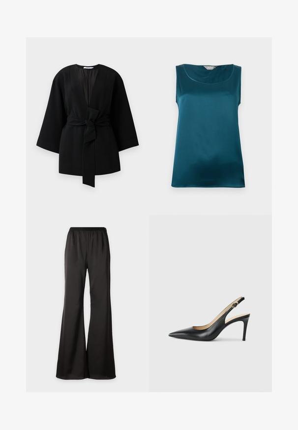 Zwarte lange kimono-stijl jas met brede mouwen en een voorpand dat met een strik op de taille is vastgebonden.; Mouwloze teal satijnen blouse met ronde halslijn en glad, glanzend textuur, plat gelegd op een witte achtergrond.; Zwarte wijde broek met elastische tailleband, gemaakt van gladde, soepel vallende stof, weergegeven tegen een effen witte achtergrond.; Zwarte leren slingback-hakken met een spitse neus, verstelbare band en een elegante stiletto-hak, met een gladde afwerking.