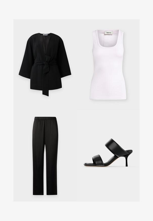 Veste noire à manches longues de style kimono avec de larges manches et une ceinture en tissu à l'avant nouée à la taille.; Débardeur blanc côtelé sans manches avec encolure arrondie et étiquette Modström à l'intérieur du col, présenté sur un fond uni.; Pantalons noirs à jambes droites avec ceinture élastique, en tissu lisse, sans poches ni embellissements visibles, présentés sur un fond blanc.; Sandale mule en cuir noir avec deux larges brides et un talon stiletto fin de hauteur moyenne sur un fond clair uni.