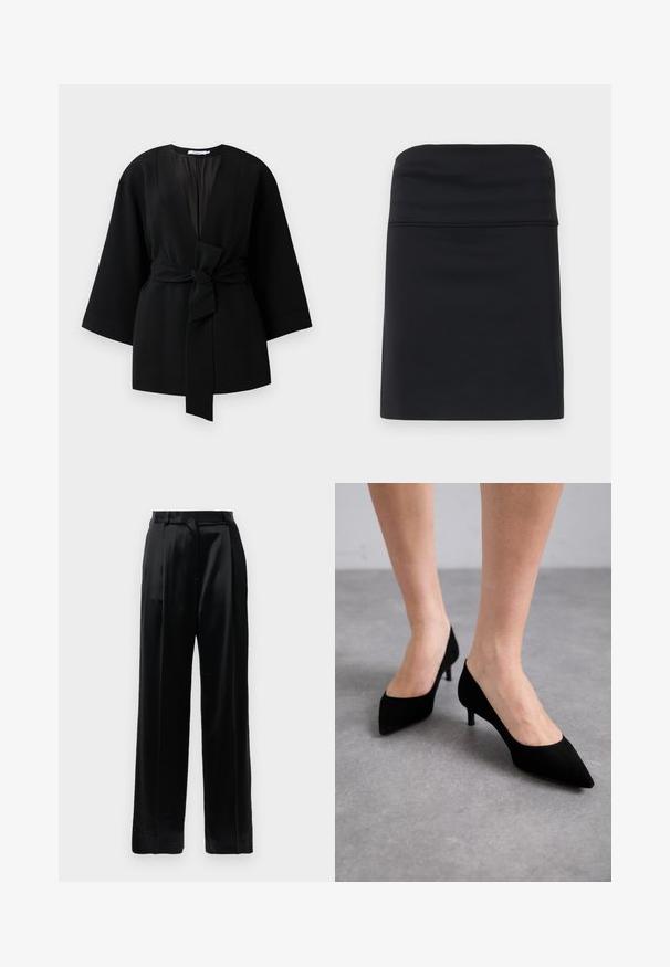 Veste noire à manches longues de style kimono avec de larges manches et une ceinture en tissu à l'avant nouée à la taille.; Jupe noire ajustée avec une texture lisse, présentant un design simple et épuré avec une silhouette droite. Aucun matériel ou motif visible.; Pantalons en satin noir taille haute avec jambes larges droites, passants de ceinture et fermeture plates sur un fond blanc uni.; Talons aigus en daim noir avec un talon moyen slim et classique, et une large ouverture, présentés sur des pieds nus sur un fond gris.