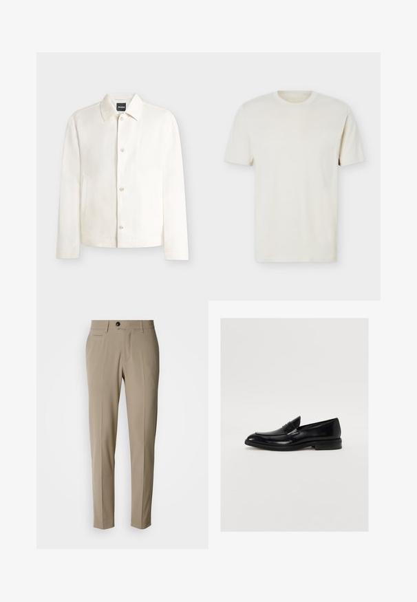 Veste blanche à manches longues avec col et poches latérales, présentée sur un fond uni.; T-shirt à manches courtes couleur blanc cassé uni avec col rond et logo discret sur le côté gauche de la poitrine, présenté sur un fond blanc uni.; Pantalons beige sur mesure avec un devant plat, des poches latérales, des passants pour ceinture et une fermeture à un seul bouton noir. Texture de tissu lisse.; Mocassin en cuir noir avec une pointe arrondie, des coutures discrètes et une finition lisse. Doté d'un talon bas empilé et d'une sangle sur le cou-de-pied.