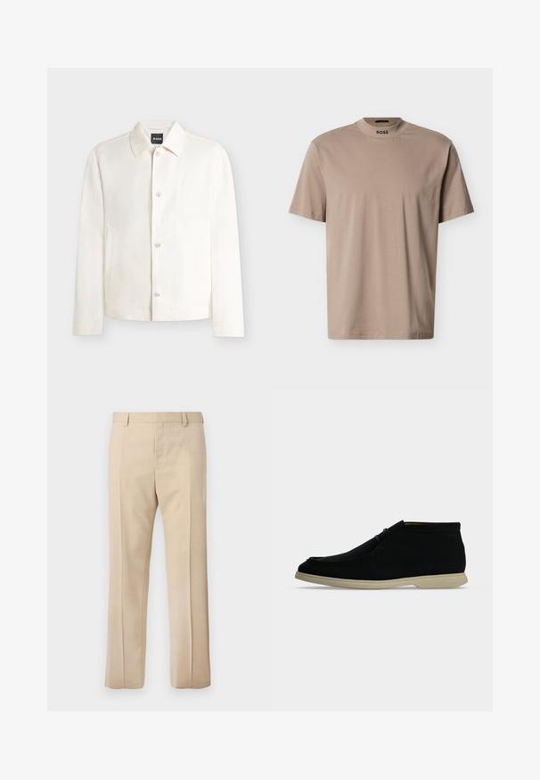 Veste blanche à manches longues avec col et poches latérales, présentée sur un fond uni.; T-shirt beige à manches courtes avec un col rond haut et le logo "BOSS" sur le col. Fabriqué en tissu doux avec une texture lisse.; Pantalon beige sur mesure avec passants pour ceinture, pli devant et fermeture éclair dissimulée, présenté sur un fond uni.; Chaussure décontractée mid-top noire avec semelle beige, bout style mocassin et détail subtil de laçage sur un fond clair uni.