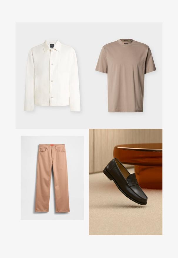 Veste blanche à manches longues avec col et poches latérales, présentée sur un fond uni.; T-shirt beige à manches courtes avec un col rond haut et le logo "BOSS" sur le col. Fabriqué en tissu doux avec une texture lisse.; Pantalon beige à jambe large avec une texture lisse, doté d'une fermeture à bouton, de cinq poches et d'une étiquette rouge contrastante à la taille.; Chaussure mocassin en cuir noir suspendue au-dessus d’un tapis beige avec du mobilier moderne couleur ambre en arrière-plan.
