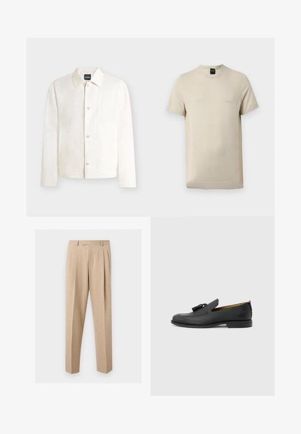 Veste blanche à manches longues avec col et poches latérales, présentée sur un fond uni.; T-shirt beige à manches courtes avec col rond, texture subtile et petit logo "BOSS" en relief sur la poitrine gauche.; Pantalon beige sur mesure avec plis sur le devant, passants de ceinture et jambes droites, présenté sur un fond clair et uni.; Mocassin pour homme en cuir noir avec pompons, bout arrondi, petit talon et languette à l'arrière, présenté de profil sur un fond gris clair.