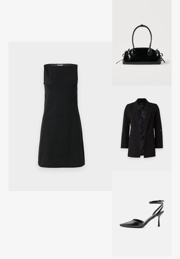 Schwarzer, taillierter Blazer mit langen Ärmeln, Reverskragen, Fronttaschen und satinierter Fütterung. Besitzt goldene Akzente an den Ärmelknöpfen.; Schwarzes ärmelloses Kleid mit taillierter Passform, ausgestattet mit vertikalen Nadelstreifen. Hergestellt aus weichem Stoff, hat es einen runden Ausschnitt und einen geraden Saum.; Schwarzer spitzer High Heel mit dünnen Knöchelriemen und silberner Schnalle auf einfachem hellem Hintergrund.; Kleine schwarze glänzende Handtasche mit zwei langen Griffen und seitlichen Kordelzug-Details vor einfachem hellem Hintergrund.