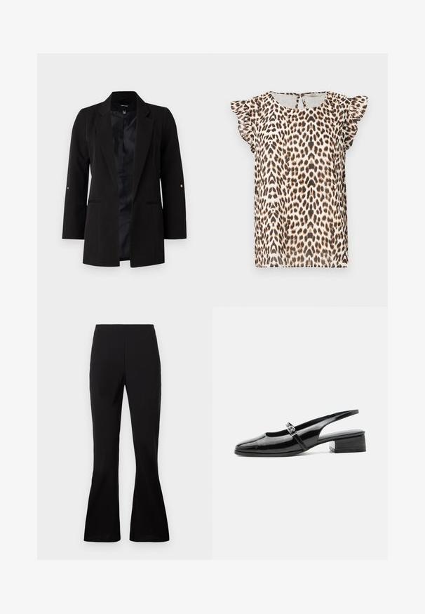 Blazer negro entallado con mangas largas, solapas de muesca, bolsillos frontales y forro de satén. Presenta detalles dorados en los botones de las mangas.; Blusa de estampado de leopardo con mangas cortas y volantes, hecha de tela ligera. La paleta de colores incluye tonos beige, marrón y negro.; Pantalones acampanados negros hechos de una tela suave. Presentan una cintura alta y una silueta ajustada que se ensancha en el dobladillo.; Zapato slingback de charol negro con tacón bajo y grueso y una fina correa con hebilla de plata en la parte superior.