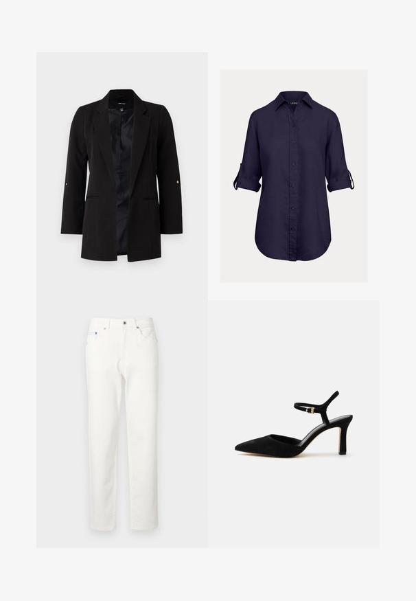 Sort skræddersyet blazer med lange ærmer, spidse klapper, frontlommer og et satinfor. Har guld accenter på ærmeknapperne.; Marineblå skjorte med knapper lavet af linned, med klassisk krave, trekvartærmer og en buet kant med opsmøgede ærmer.; Hvide jeans med lige ben, frontknapper og lynlås, forlommer og møntlomme, vist mod en ensfarvet lys baggrund.; Sort ruskind højhælet sko med spids tå og tynd ankelrem med lille guldbæltespænde.