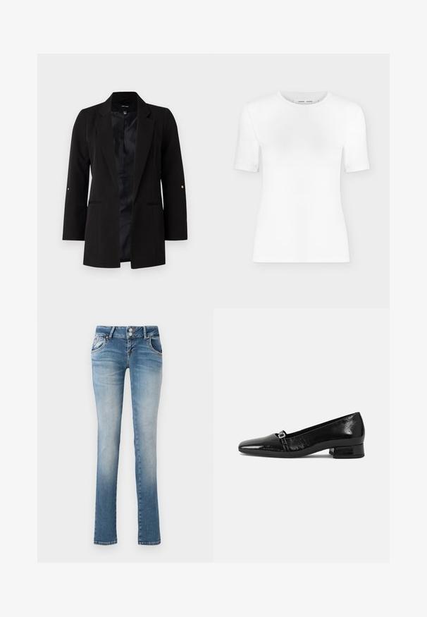 Sort skræddersyet blazer med lange ærmer, spidse klapper, frontlommer og et satinfor. Har guld accenter på ærmeknapperne.; Hvid T-shirt med rund hals, korte ærmer, slank pasform og ribbet stofstruktur, vist på en ensfarvet lys grå baggrund.; Lysblå denim jeans med lige ben-design, der har en lukning med to knapper, to forlommer og en slidt finish ved knæene.; Sorte patentlæder balletflade med spids tå, lav firkantet hæl og en lille metallisk spænde detalje på remmen. Glat tekstur.