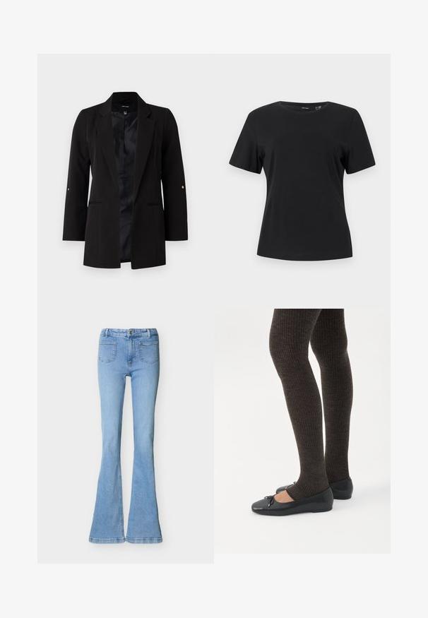 Blazer noir ajusté avec des manches longues, des revers crantés, des poches avant et une doublure en satin. Présente des accents dorés sur les boutons des manches.; T-shirt noir à manches courtes avec col rond, ourlet droit et tissu lisse uni.; Jean flare en denim bleu clair avec poches plaquées à l'avant, fermeture par bouton et fermeture éclair, présenté à plat sur un fond blanc.; Jambes portant des leggings côtelés foncés associés à des ballerines noires avec de petits détails en nœud sur fond blanc.
