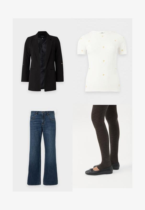 Blazer negro entallado con mangas largas, solapas de muesca, bolsillos frontales y forro de satén. Presenta detalles dorados en los botones de las mangas.; Top blanco de punto acanalado de manga corta con pequeños bordados de zanahorias naranjas dispersos por el frente y las mangas.; Vaqueros de pierna ancha en azul oscuro con diseño clásico de cinco bolsillos, cierre de botón y sutil desgaste. Fabricados con tejido denim.; Piernas con leggings oscuros acanalados combinados con bailarinas negras que presentan pequeños detalles de lazo sobre un fondo blanco.
