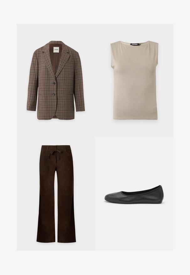 Blazer à carreaux marron avec deux boutons, col à revers cranté et poche poitrine, doublé à l'intérieur d'un tissu lisse brun foncé.; Haut beige en coton sans manches avec larges bretelles et col rond, taille moyenne, posé à plat sur fond blanc.; Pantalon en daim marron foncé avec jambes larges, poches avant, passants de ceinture et cordon noué à la taille.; Ballerines en cuir noir avec un bout rond, texture lisse, détails de couture minimalistes et design de semelle flexible.