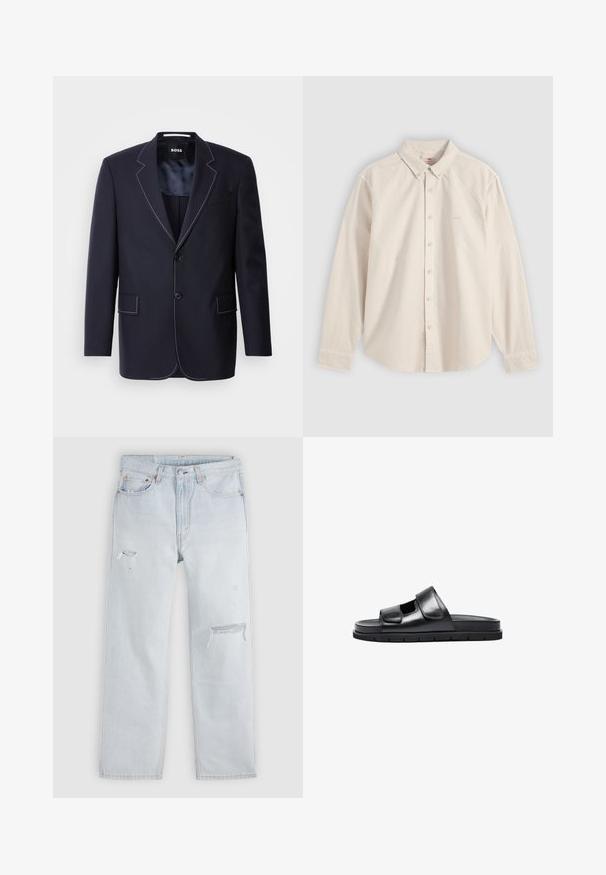 Blazer azul marino hecho de tela, con costuras en blanco que contrastan a lo largo de las solapas y los bordes, con dos bolsillos frontales y un cierre de un solo botón.; Camisa beige de manga larga con botones, cuello y puños, exhibida extendida sobre un fondo gris claro.; Jeans de denim azul claro con corte recto, presentando detalles desgastados y áreas deshilachadas. Diseño estándar de cinco bolsillos con remaches de metal.; Sandalia deslizante de cuero negro con una amplia correa ajustable, punta abierta y suela texturizada. Diseño minimalista con una plantilla plana y acolchada.