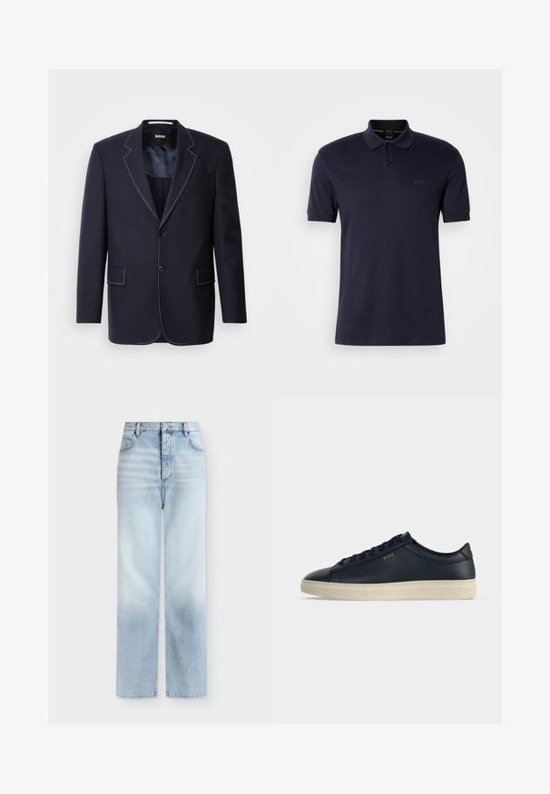 Marineblazer van stof, met contrasterende witte stiksels langs de revers en randen, twee voorkanten zakken en een enkele knoopsluiting.; Marineblauw polo shirt met een zachte textuur, knoopsluiting met twee knopen, korte mouwen en een subtiele logo op de linkerborst. Eenvoudig en klassiek ontwerp.; Lichtblauwe, hoog getailleerde, rechte jeans met voorzakken, riemlussen en een knoopsluiting.; Lage donkerblauwe leren sneaker met crèmekleurige rubberen zool en gouden "BOSS"-branding aan de zijkant, zijaanzicht.