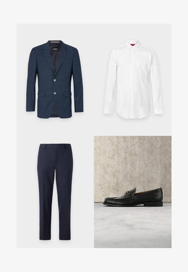 Blazer bleu marine avec un tissu texturé, arborant un motif en quadrillage, deux boutons et des poches. L'intérieur est doublé d'un matériau à motif subtil.; Chemise blanche à manches longues avec col pointu et patte de boutonnage cachée, présentée sur un fond clair uni.; Pantalon navy en tissu lisse, avec une coupe droite, des passants de ceinture et une fermeture à bouton unique à la taille.; Mocassin en cuir noir avec mors en métal doré et logo "HUGO", présenté sur un tapis beige et un meuble translucide marron.