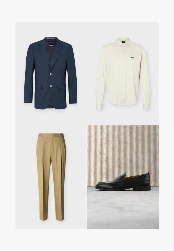Blazer bleu marine avec un tissu texturé, arborant un motif en quadrillage, deux boutons et des poches. L'intérieur est doublé d'un matériau à motif subtil.; Chemise blanche à manches longues avec col, logo noir "BOSS" sur le côté gauche de la poitrine, et poignets à boutons, présentée sur un fond uni.; Pantalon beige ajusté avec passants de ceinture et pli frontal, présenté sur un fond clair uni.; Mocassin pour homme en cuir noir avec un dessus embossé effet croco et un petit talon, présenté de profil sur un fond neutre.