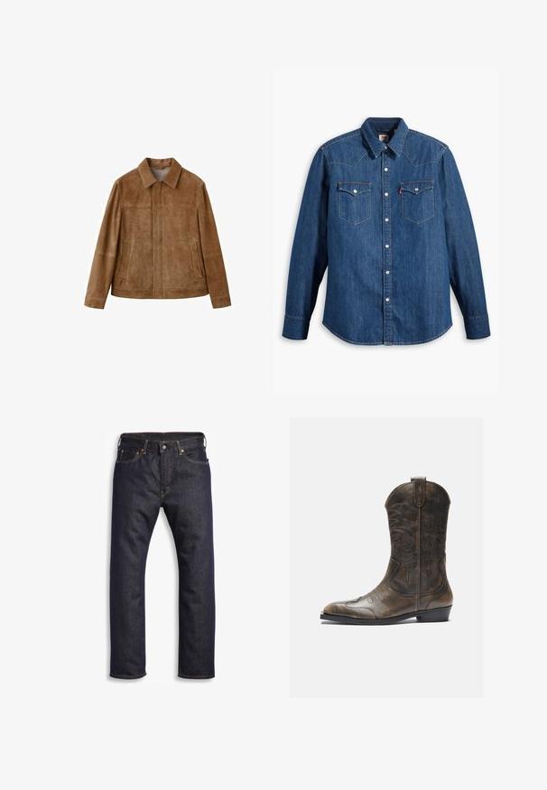 Veste en daim marron avec col, poches avant et coutures visibles, disposée à plat sur un fond blanc.; Chemise en denim bleu marine à manches longues, col pointu et boutons-pression. Dispose de deux poches poitrine avec rabats et couture contrastante.; Jean en denim bleu foncé avec coupe droite, design à cinq poches, matériel en métal et surpiqûres orange contrastantes. Texture lisse, sans motifs visibles.; Botte de cow-boy en cuir marron avec un long tige, un bout pointu, des motifs de couture complexes et un petit talon. Finition texturée tout au long.