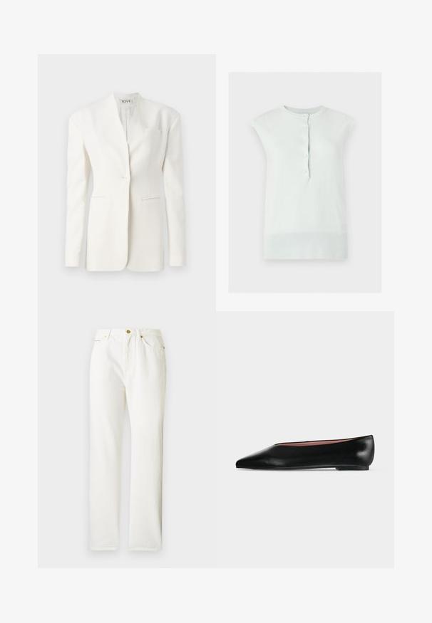 Blazer blanc ajusté avec un bouton unique, revers en pointe, deux poches avant et une poche poitrine. Tissu lisse avec une silhouette structurée.; Top blanc en maille sans manches avec col et ourlet côtelés, doté d’une patte de boutonnage avant avec cinq boutons.; Pantalons en denim blanc avec une coupe droite, dotés d'une fermeture à bouton sur le devant et d'une texture subtile. Comprend des poches latérales et un matériel minimal.; Chaussure plate en cuir noir pour femme, avec bout pointu et petit talon, vue de côté sur un fond gris clair uni.