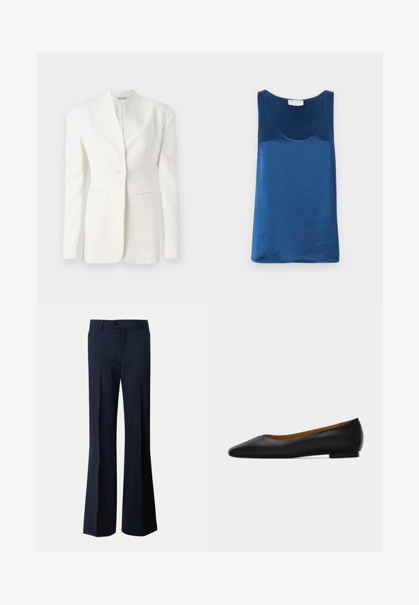 Blazer blanc ajusté avec un bouton unique, revers en pointe, deux poches avant et une poche poitrine. Tissu lisse avec une silhouette structurée.; Débardeur en satin bleu avec un col rond et de larges bretelles, texture lisse et coupe décontractée.; Pantalon de costume bleu marine avec fermeture par bouton, passants de ceinture et coupe droite à jambes larges.; Chaussure plate en cuir noir à bout pointu avec talon bas et finition lisse, vue de côté sur un fond gris clair.