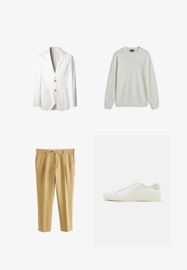 Blazers de lino blanco con solapa muesca, dos bolsillos frontales y dos botones dorados. Interior sin forro con un diseño limpio y minimalista.; Suéter blanco de punto con cuello redondo, patrón texturizado sutil, puños y dobladillo acanalados, exhibido plano sobre un fondo blanco.; Pantalones beige a medida para hombre con bolsillos laterales, trabillas para cinturón, cierre con botón y cremallera frontal.; Zapatilla blanca de cuero con una superficie suave, punta redonda y diseño minimalista. Presenta acentos en beige en el talón y una suela de goma.