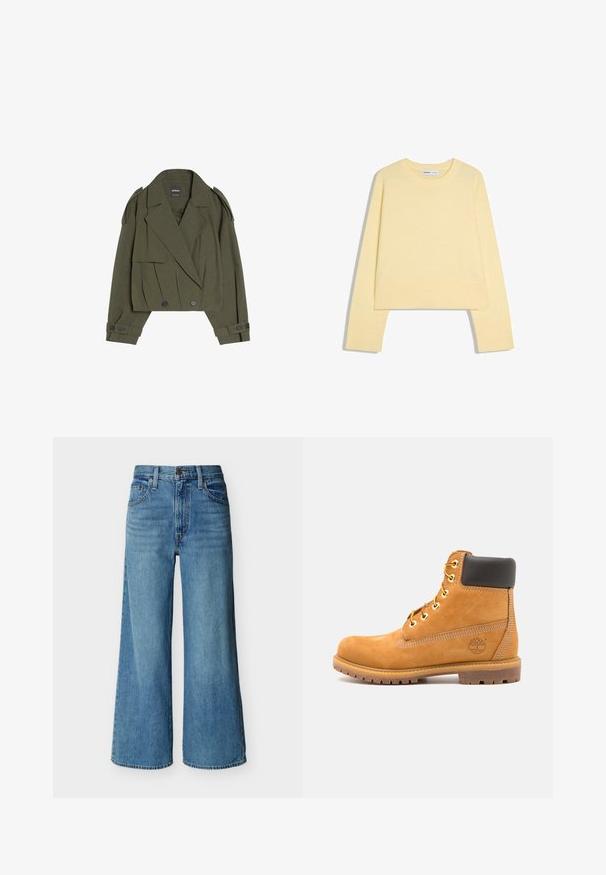 Veste courte vert olive avec fermeture croisée, larges revers, épaulettes et poignets boutonnés, en tissu texturé.; Pull en maille jaune clair à manches longues avec poignets et ourlet côtelés, encolure ronde et coupe régulière.; Jean bleu taille haute à jambes larges avec bouton et fermeture éclair à l'avant, passants de ceinture et style cinq poches sur fond blanc.; Bottine en cuir marron avec rembourrage noir, œillets dorés et semelle texturée. Présente un logo circulaire sur le côté et des accents de couture.