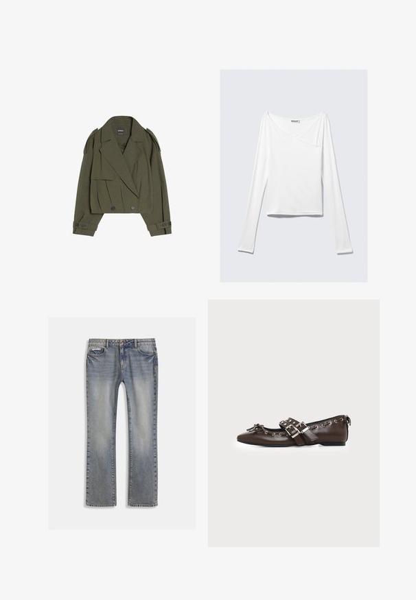 Veste courte vert olive avec fermeture croisée, larges revers, épaulettes et poignets boutonnés, en tissu texturé.; Haut blanc à manches longues avec un design croisé et une poche. Fabriqué dans un tissu lisse et extensible. Coupé dans une coupe décontractée et ample.; Jean en denim bleu clair avec une coupe droite, une texture délavée, cinq poches et un détail de surpiqûres contrastantes.; Chaussure plate en cuir marron foncé avec bout pointu, doubles brides à boucles argentées, œillets métalliques et nœud décoratif à l'avant.