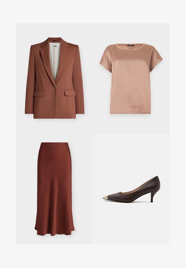 Blazer marron à un bouton avec revers crantés, poches à rabat et doublure intérieure beige clair de la marque Drykorn.; Blouse en satin marron clair à manches courtes, col rond, coupe décontractée et légère brillance sur fond uni.; Jupe longue en satin marron avec un ourlet lisse et légèrement évasé, présentée sur un fond blanc uni. Aucun motif ni ornement visible.; Escarpin à petit talon en cuir marron foncé avec bout en métal doré pointu sur un fond clair uni.